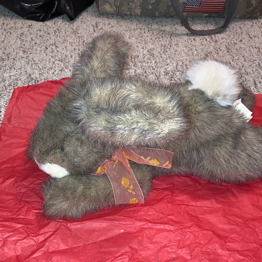 Furry Gray Bunny Plush with Orange Bow